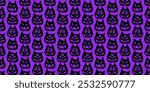 Funny creepy purple Halloween cat o lantern wallpaper. Seamless Halloween pattern with cats on purple background. Pattern with cat pumpkins with scary faces. Cat o lantern seamless pattern.