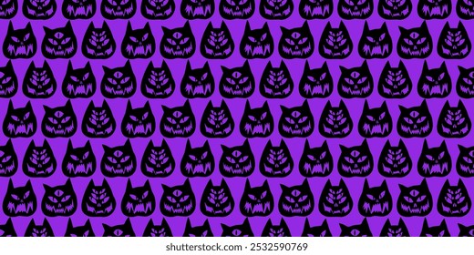 Funny creepy purple Halloween cat o lantern wallpaper. Seamless Halloween pattern with cats on purple background. Pattern with cat pumpkins with scary faces. Cat o lantern seamless pattern.