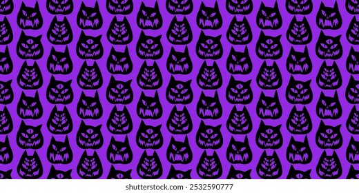 Funny creepy purple Halloween cat o lantern wallpaper. Seamless Halloween pattern with cats on purple background. Pattern with cat pumpkins with scary faces. Cat o lantern seamless pattern.