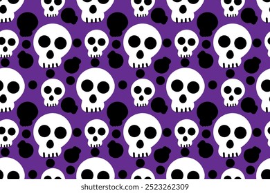 Funny, creepy, scary skeleton skull, Halloween seamless vector pattern for design and decoration.