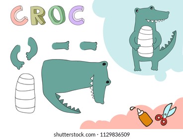 Funny Croc Paper Model. Small home craft project, DIY paper game. Cut out and glue. Cutouts for children. Vector template.