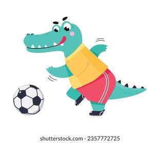 Funny Crocodile Animal Character Playing Football Wearing Uniform Passing Ball Vector Illustration