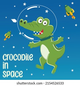 Funny crocodile astronaut in space with cartoon style. Can be used for t-shirt print, kids wear fashion design, invitation card. fabric, textile, nursery wallpaper, poster and other decoration.