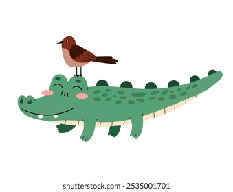 Funny crocodile with a bird on his head. Wild river animal. Kids flat illustration on white background. 
