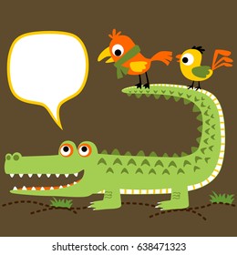 Funny crocodile with birds, vector cartoon illustration