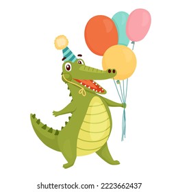 Funny crocodile in cap holds balloons and laughs. Vector animal character for birthday card isolated on white background