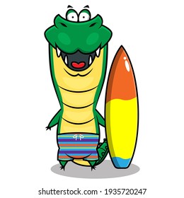 Funny Crocodile cartoon characters wearing summer short pants and carrying a surfboard, best for mascot or logo with Surfing summer camp themes