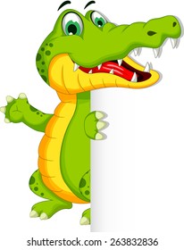 funny crocodile cartoon posing with blank sign