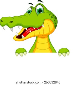 funny crocodile cartoon posing with blank sign