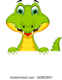 funny crocodile cartoon posing with blank sign