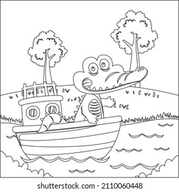 Funny crocodile cartoon vector on little boat with cartoon style. Trendy children graphic with Line Art Design Hand Drawing Sketch Vector illustration For Adult And Kids Coloring Book.