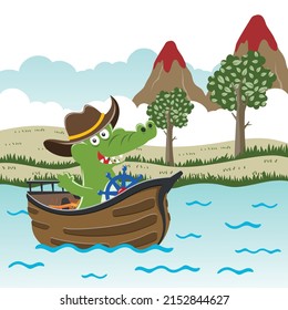 Gracioso vector de dibujos animados de cocodrilos en un pequeño barco con estilo de dibujos animados. Fondo infantil vectorial creativo para tela, textil, papel tapiz, afiche, tarjeta, folleto. y otra decoración.