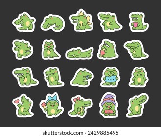 Funny crocodile character with happy face. Sticker Bookmark. Cartoon kawaii alligator. Hand drawn style. Vector drawing. Collection of design elements.