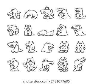 Funny crocodile character with happy face. Coloring Page. Cartoon kawaii alligator. Hand drawn style. Vector drawing. Collection of design elements.