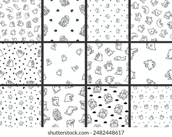Funny crocodile character with happy face. Seamless pattern. Coloring Page. Cartoon kawaii alligator. Hand drawn style. Vector drawing. Collection of design ornaments.