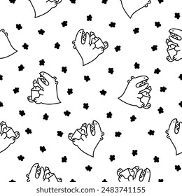 Funny crocodile character with happy face. Seamless pattern. Coloring Page. Cartoon kawaii alligator. Hand drawn style. Vector drawing. Design ornaments.