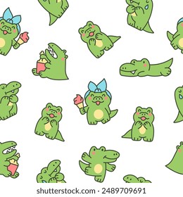 Funny crocodile character with happy face. Seamless pattern. Cartoon kawaii alligator. Hand drawn style. Vector drawing. Design ornaments.