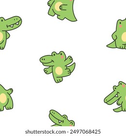 Funny crocodile character with happy face. Seamless pattern. Cartoon kawaii alligator. Hand drawn style. Vector drawing. Design ornaments.