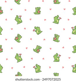 Funny crocodile character with happy face. Seamless pattern. Cartoon kawaii alligator. Hand drawn style. Vector drawing. Design ornaments.