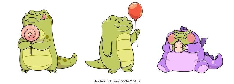 Personagens de crocodilo engraçados são colocados isolados em fundo branco. Ilustração vetor contemporânea de desenhos animados de jacaré bonitinho mascotes comendo pirulito, brincando com balão, vestindo pijamas dragão roxo