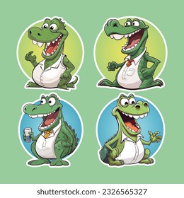 Funny crocodile characters wearing shirts in different poses with round sticker design