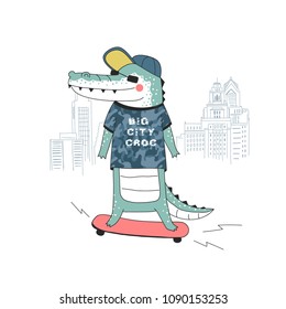 Funny crocodile dressed up in urban style skating in Big City, vector kids graphics for textile, t-shirt print