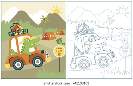 Funny crocodile driving car on camping ground background, vector cartoon illustration, coloring book or page