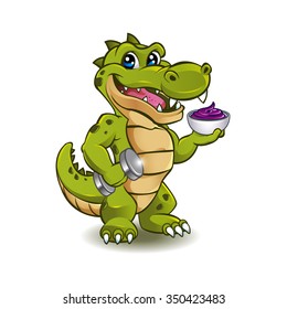Funny Crocodile with dumbbell and bowl of ice cream