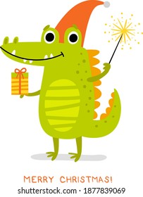Funny crocodile with a gift. Christmas card