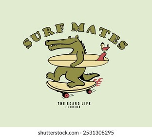 funny crocodile going to surfing on skateboard, summer surfing kids t shirt design, crocodile skating with birds vector art, summer surfing artwork for poster, sticker, graphic print  
