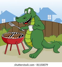 Funny crocodile grill a steak outdoor