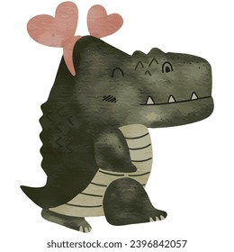 Funny crocodile with heart shaped headband watercolor style.Alligator cartoon for Valentine's day,vector illustration.