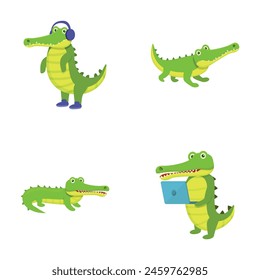 Funny crocodile icons set cartoon vector. Green cartoon crocodile. Cute alligator, predator