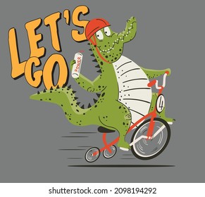 funny crocodile illustration riding a bike for t shirt printing