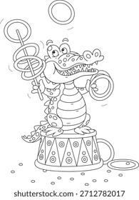 Divertido malabarista de cocodrilo balanceándose en un pedestal y haciendo malabares con aros de juguete en una divertida actuación de circo, ilustración de dibujos animados de Vector de contorno en blanco y negro para un libro para colorear