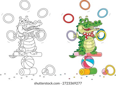 Funny crocodile juggler balancing on a colorful ball, board and cylinder and juggling with toy hoops in a fun circus performance, color and black-and-white outline vector cartoon illustrations