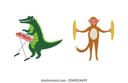 Funny Crocodile and Monkey Character Playing Cymbal and Keyboard Performing Concert Vector Set