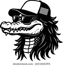 Engraçado Crocodilo com Mullet e Trucker Cap - Mullet Caminhoneiro chapéu Animal Vetor para Cricut, Humor do Sul, e Vestuário Designs