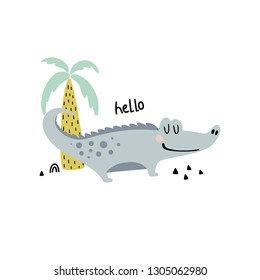 Funny crocodile and palm tree in cartoon style and the inscription - hello, isolated on white background. Vector illustration for children.