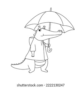 Funny crocodile in raincoat holds umbrella. Vector outline animal character for coloring book isolated on white background