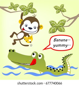 Funny crocodile in river, cute monkey hanging on tree branches carrying banana, vector cartoon illustration