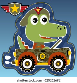 Funny crocodile soldier on military vehicle, vector cartoon illustration