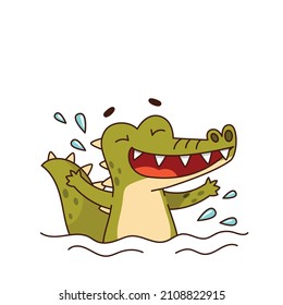 Funny crocodile splashing in the water. Children's character. Vector illustration for designs, prints and patterns.