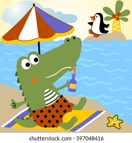 Funny crocodile vacation in the beach, little penguin in small island, vector cartoon illustration