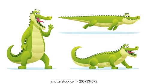 Funny crocodile in various poses cartoon illustration