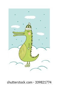 Funny crocodile vector illustration. Crocodile cartoon. Beautiful birthday card, celebration, save the date, new year, christmas.