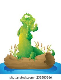 Funny crocodile waving sitting on log isolated