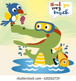 funny crocodile wearing diving goggles catching fish, little bird carrying grape, vector cartoon illustration