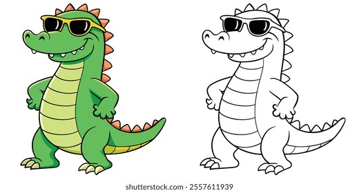 Funny Crocodile Wearing Eyeglasses Cartoon Coloring Page For Kids. Animal Cartoon Coloring Book Printable
