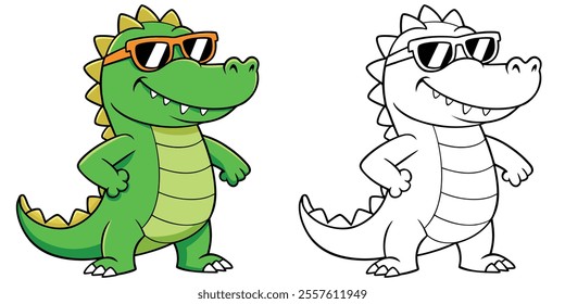 Funny Crocodile Wearing Sunglasses Cartoon Coloring Page For Kids. Animal Cartoon Coloring Book Printable
